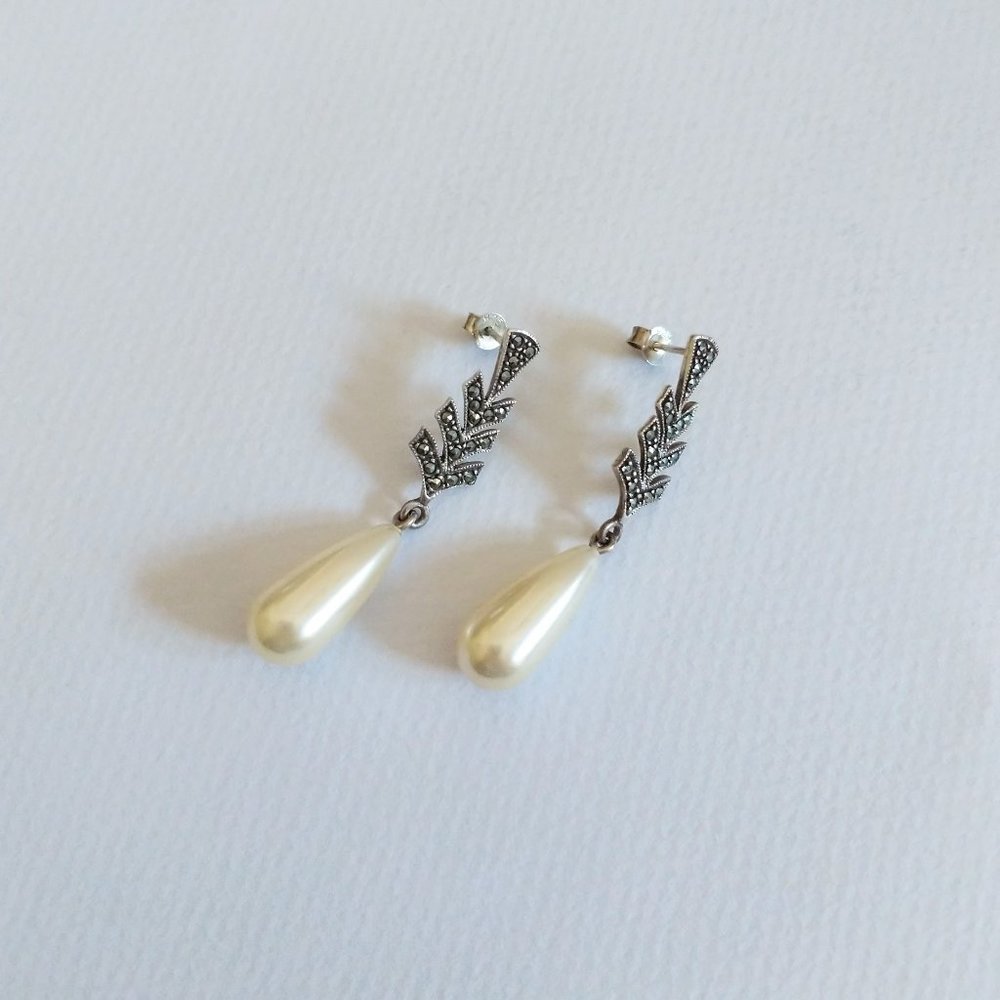 Pearl and Sterling Silver Drop Earrings, Dangle, Vintage Estate Jewelry